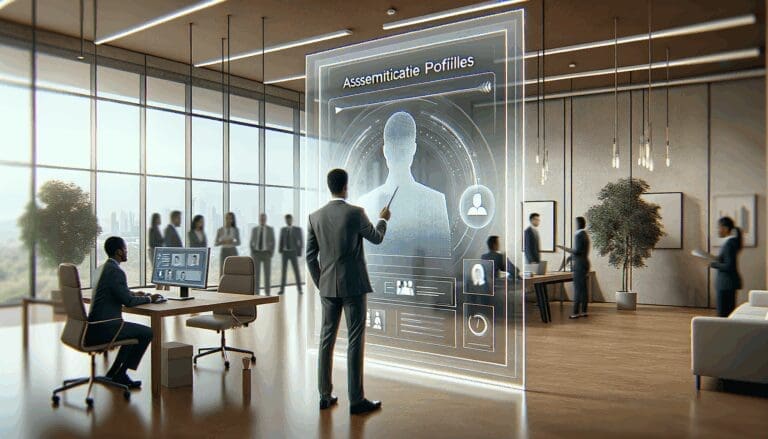 Ilustración de una interfaz digital inteligente evaluando perfiles de candidatos en un espacio moderno de oficina.