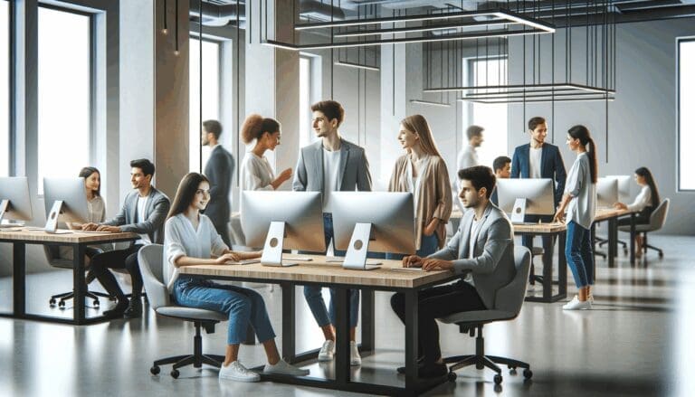 Oficinas modernas con jóvenes emprendedores colaborando frente a computadoras en un ambiente tecnológico.