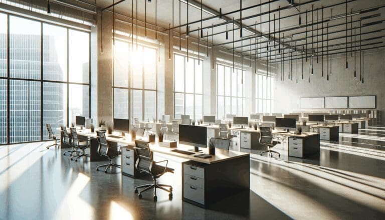 Oficina vacía de una startup tecnológica con luz natural y escritorios modernos.