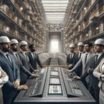 Equipo de ingenieros supervisando un sistema digital en una mina moderna al aire libre, entorno tecnológico, sin logotipos.