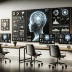 Espacio de trabajo moderno con pantallas mostrando tecnología de inteligencia artificial