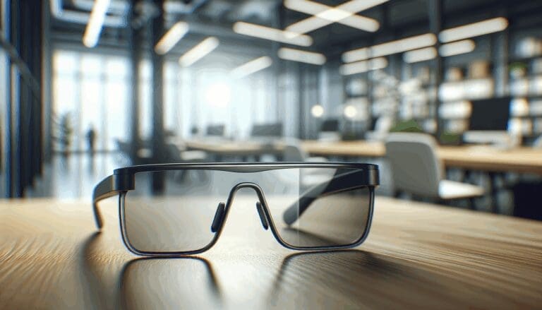 Primer plano de unas gafas inteligentes sobre una mesa de trabajo moderna, fondo borroso de oficina tecnológica.