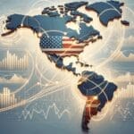 Ilustración con mapas de Latinoamérica y EE.UU., rutas comerciales y gráficos económicos sobre fondo sobrio.