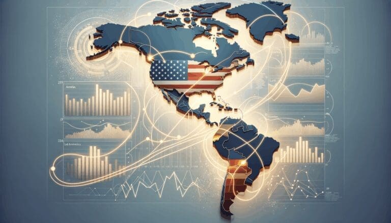 Ilustración con mapas de Latinoamérica y EE.UU., rutas comerciales y gráficos económicos sobre fondo sobrio.