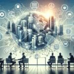 Ilustración conceptual de fintechs conectadas por redes digitales sobre un fondo urbano moderno.