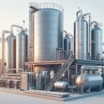 Equipo tecnológico moderno con tuberías y tanques industriales procesando biogás en un entorno rural.