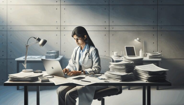 Persona sentada en escritorio usando una laptop, rodeada de papeles y dispositivos digitales en un entorno médico moderno.