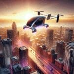 Ilustración de un taxi volador eléctrico sobre una ciudad moderna al atardecer.