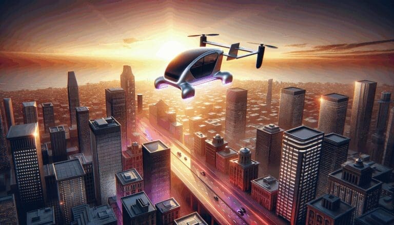 Ilustración de un taxi volador eléctrico sobre una ciudad moderna al atardecer.