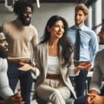 Fotografía profesional de un inversionista y un grupo de emprendedores en un moderno espacio de coworking.