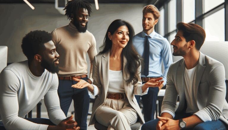 Fotografía profesional de un inversionista y un grupo de emprendedores en un moderno espacio de coworking.