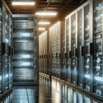 Primer plano de servidores y computadoras en un centro de datos moderno, reflejando tecnología avanzada y ambiente de innovación.