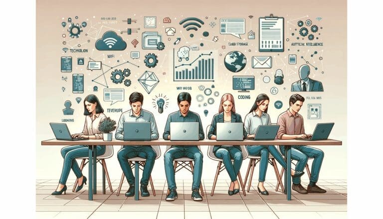 Ilustración de jóvenes trabajando en laptops rodeados de iconos tecnológicos y gráficos de inteligencia artificial en un espacio moderno.