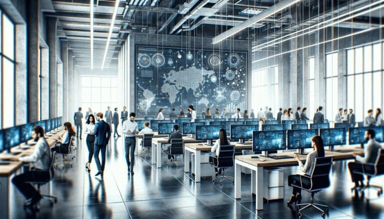 Oficinas modernas de tecnología con equipos diversos colaborando en un entorno dinámico.
