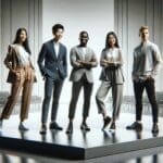 Grupo diverso de emprendedores en escenario durante un evento de tecnología en un auditorio moderno, ambiente colaborativo.