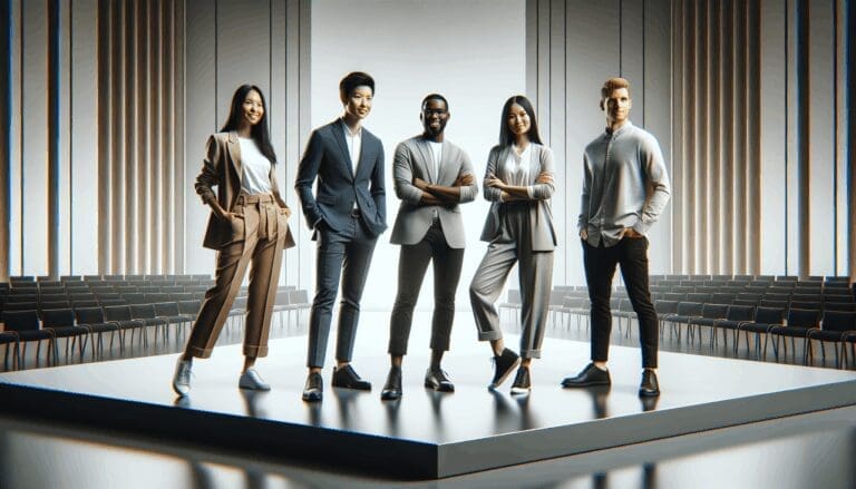 Grupo diverso de emprendedores en escenario durante un evento de tecnología en un auditorio moderno, ambiente colaborativo.