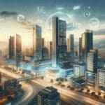 Skyline moderno de Bogotá con edificios de oficinas y ambiente tecnológico al atardecer.