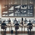 Oficina moderna con emprendedores colaborando frente a computadoras y pantallas digitales.