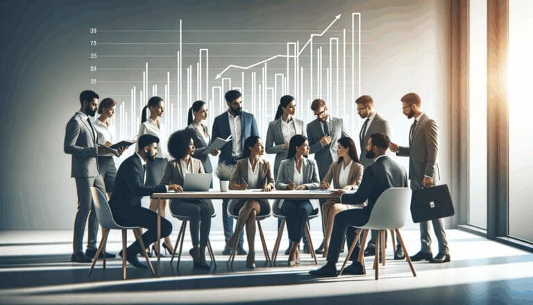 Oficina moderna con equipo diverso colaborando sobre una mesa y gráficos de crecimiento en fondo difuminado.