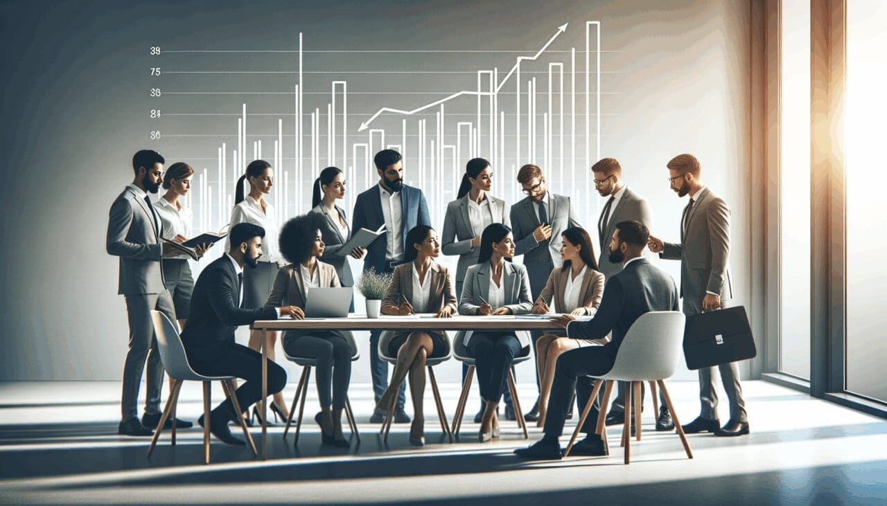 Oficina moderna con equipo diverso colaborando sobre una mesa y gráficos de crecimiento en fondo difuminado.