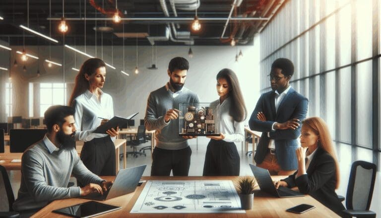 Grupo diverso de emprendedores revisando prototipos tecnológicos en un espacio de coworking luminoso.