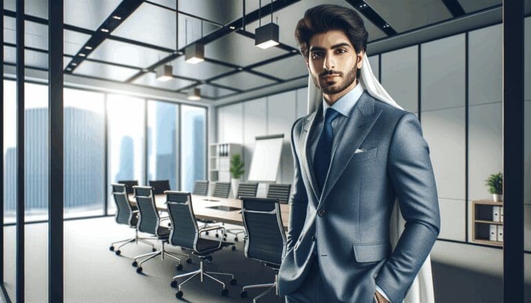 Retrato moderno de ejecutivo saliendo de una sala de reuniones en oficina tecnológica luminosa.