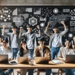 Grupo de jóvenes emprendedores asiáticos trabajando en un espacio moderno rodeado de laptops y pizarras tecnológicas.