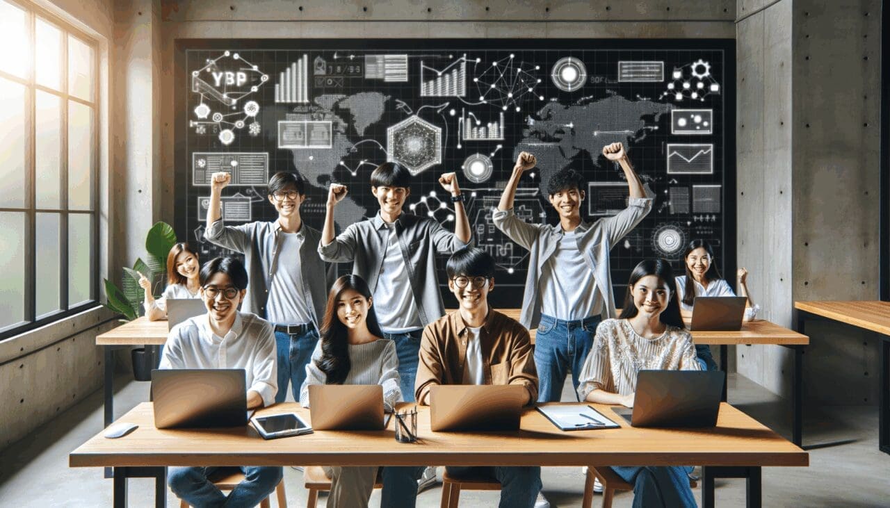 Grupo de jóvenes emprendedores asiáticos trabajando en un espacio moderno rodeado de laptops y pizarras tecnológicas.