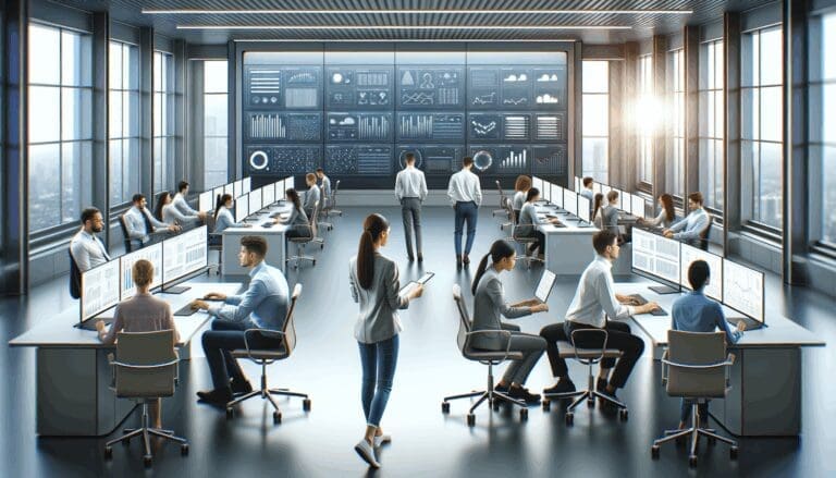 Equipo de jóvenes ingenieros trabajando frente a pantallas en una oficina moderna con gráficos tecnológicos.