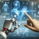 Ilustración digital de manos humanas y robóticas interactuando con una interfaz futurista de software.