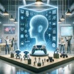 Ilustración conceptual de inteligencia artificial integrándose en un entorno de desarrollo de videojuegos con luces y gráficos modernos.