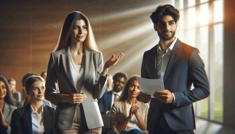 Emprendedores presentando ideas frente a un público y fondos internacionales en un auditorio moderno.
