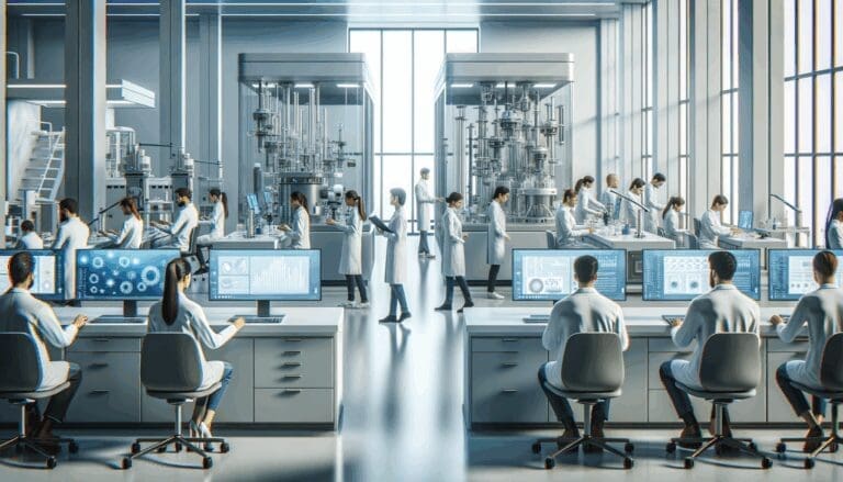 Laboratorio moderno con investigadores trabajando y equipos tecnologicos en primer plano.