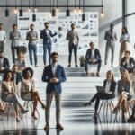 Grupo diverso de emprendedores presentando proyectos frente a inversores en un escenario moderno y luminoso.