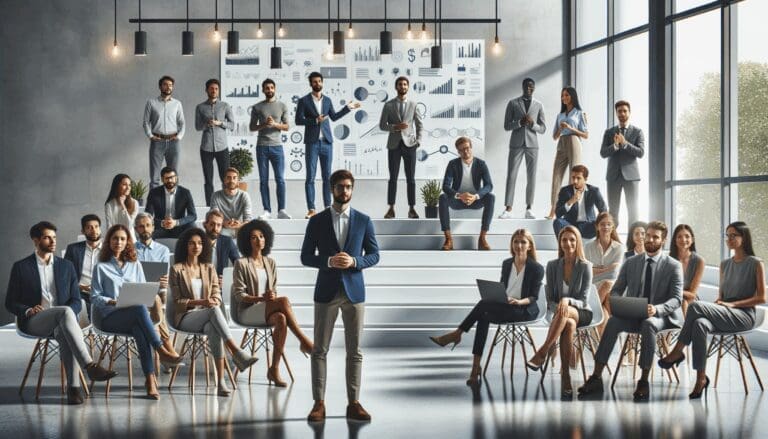 Grupo diverso de emprendedores presentando proyectos frente a inversores en un escenario moderno y luminoso.