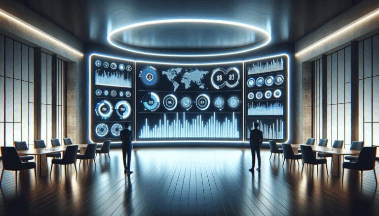 Pantallas LED iluminadas mostrando gráficos de datos dentro de una oficina moderna.