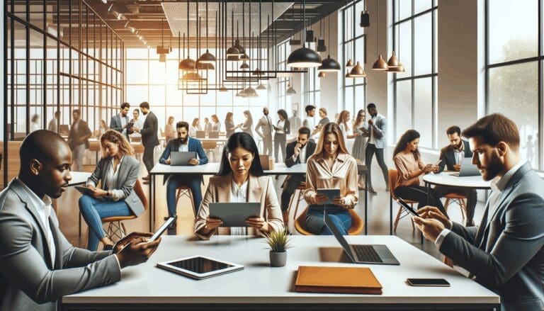 Coworking moderno lleno de emprendedores con dispositivos y pizarras digitales en un entorno luminoso.