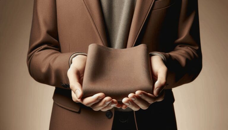 Primer plano de manos sosteniendo una tela ecológica marrón, con luz suave y fondo neutro.