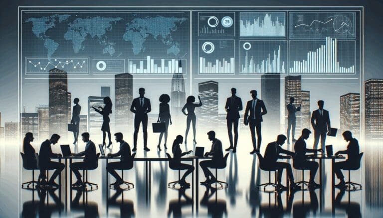 Siluetas de jóvenes emprendedores trabajando frente a pantallas con gráficos y datos digitales en un entorno moderno.