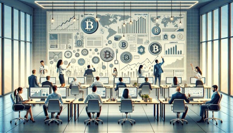 Ilustración conceptual de una sala de trabajo con emprendedores analizando gráficos y documentos digitales sobre criptomonedas.