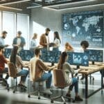 Personas colaborando y programando en un moderno espacio de coworking con pantallas mostrando gráficos tecnológicos.