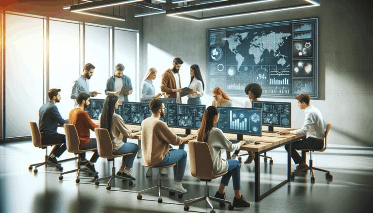 Personas colaborando y programando en un moderno espacio de coworking con pantallas mostrando gráficos tecnológicos.