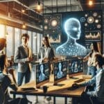 Jóvenes emprendedores colaborando frente a pantallas con gráficos de inteligencia artificial en un espacio de coworking moderno.