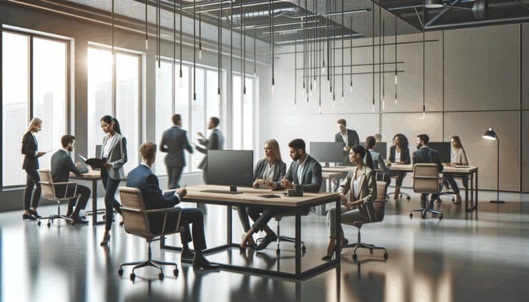 Emprendedores colaborando en un espacio de coworking moderno