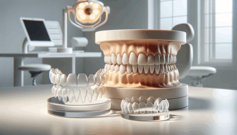Primer plano de modelos dentales 3D y alineadores transparentes sobre una mesa clínica en un entorno moderno y limpio.