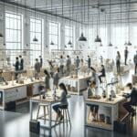 Laboratorio de innovación con emprendedores trabajando en sostenibilidad.