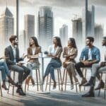 Grupo diverso de jóvenes profesionales conversando en un moderno rooftop con vista urbana, ambiente de networking.