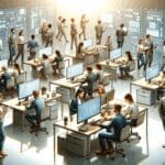 Detalle digital de una escena tecnológica con computadoras y jóvenes emprendedores colaborando.