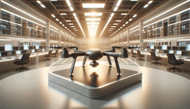 Primer plano de un dron moderno sobre una mesa tecnológica en un laboratorio iluminado.