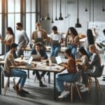 Grupo internacional de jóvenes emprendedores colaborando en un espacio de coworking moderno con laptops y pizarras.